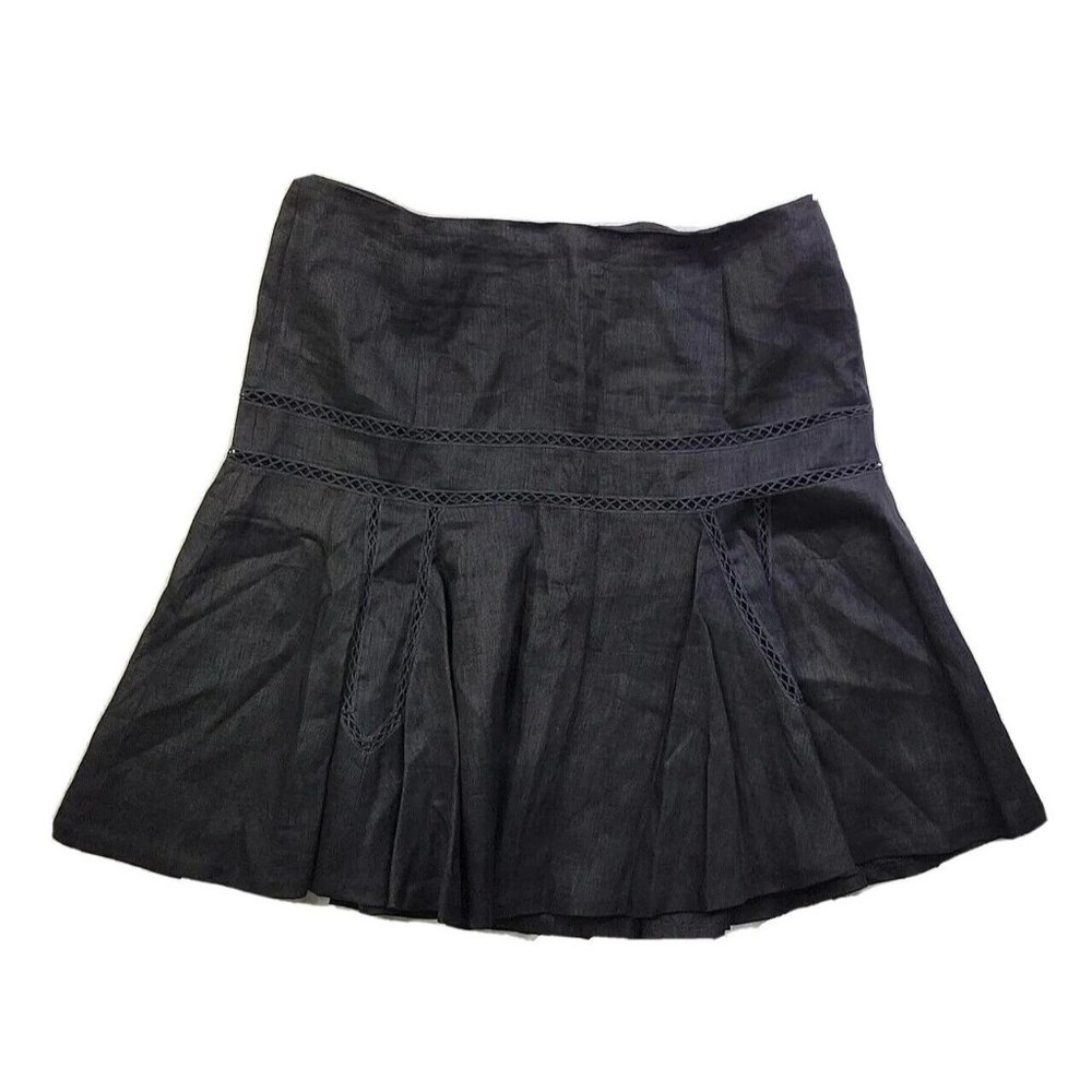 Lauren Ralph Lauren Women Petite 12P Black 100% Linen Flare Skirt Cutout Detail